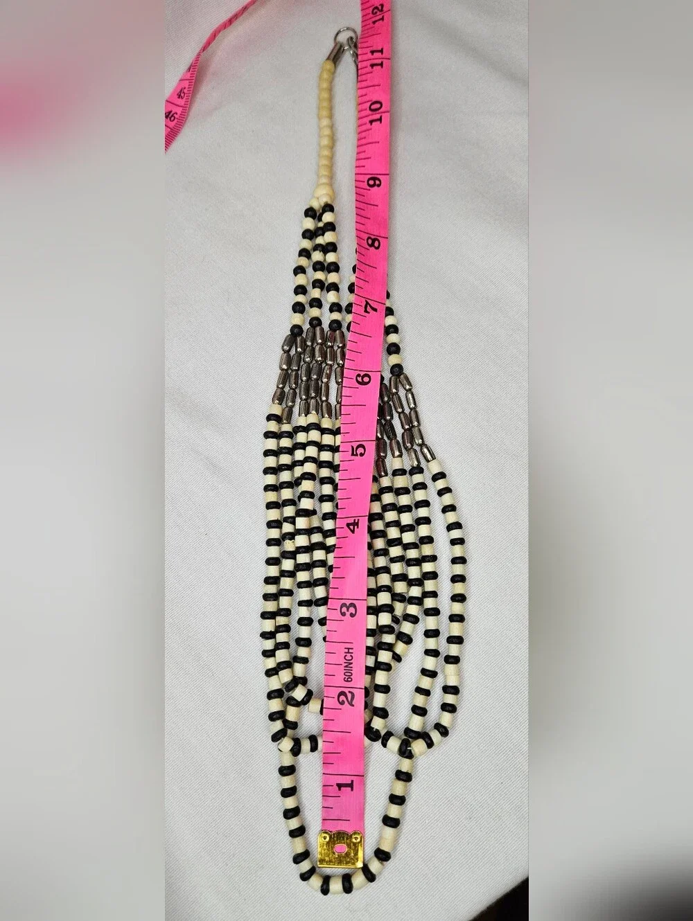 Vintage Multi Strand Black Cream Beaded Statement Necklace Tribal Boho 17-24